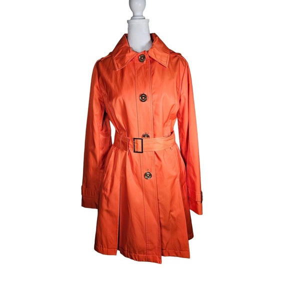 Michael Kors Women's Orange Hooded Rain‎ Coat Belted Gold Buttons Small - Picture 1 of 13